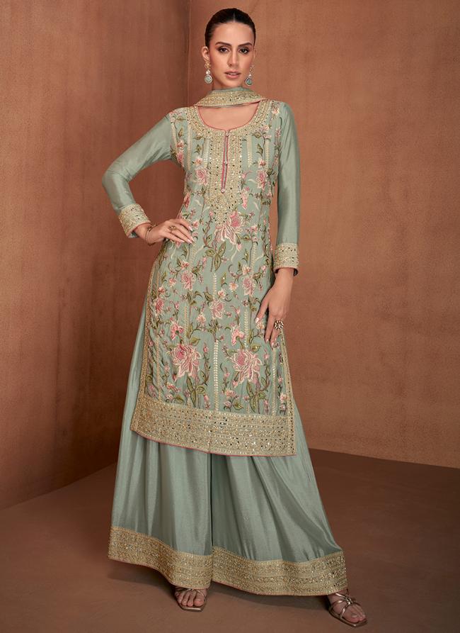 Georgette Light Blue Eid Wear Embroidery Work Readymade Plazzo Suit